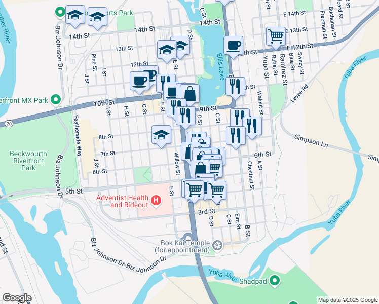 map of restaurants, bars, coffee shops, grocery stores, and more near 415 7th Street in Marysville