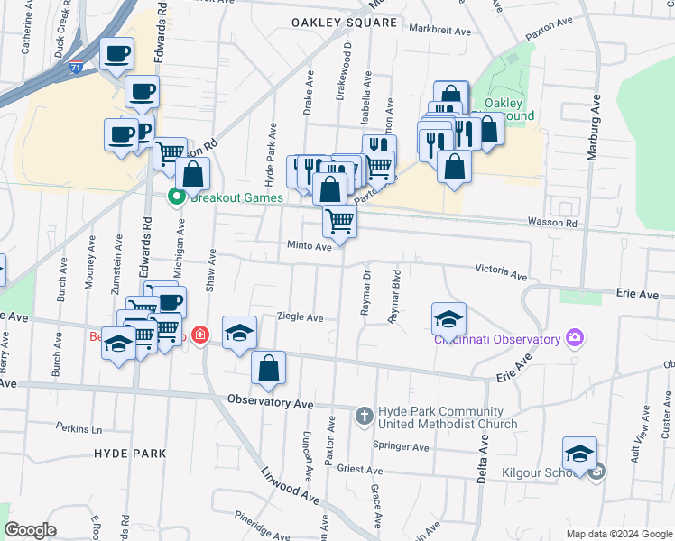 map of restaurants, bars, coffee shops, grocery stores, and more near in Cincinnati