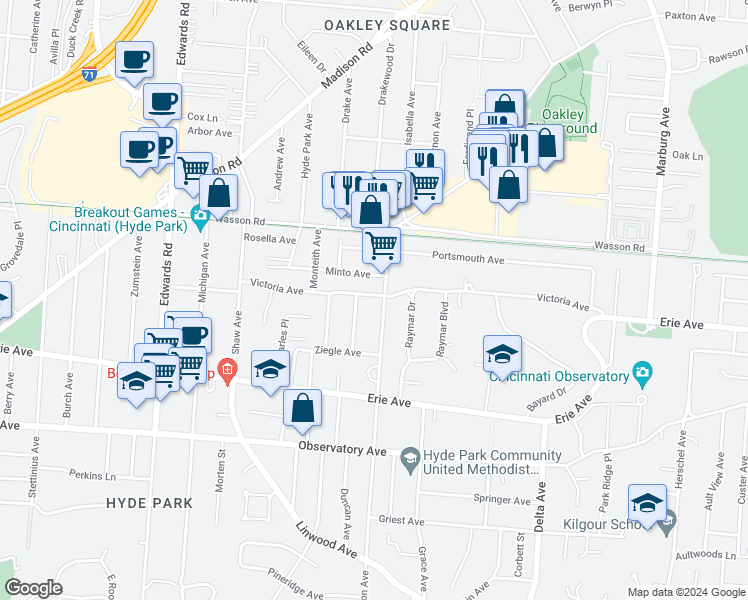 map of restaurants, bars, coffee shops, grocery stores, and more near in Cincinnati