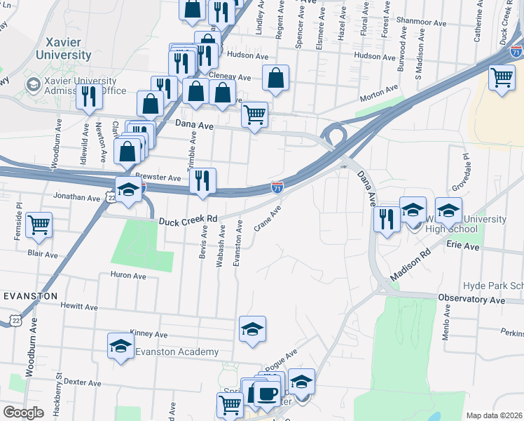 map of restaurants, bars, coffee shops, grocery stores, and more near 2174 Duck Creek Road in Cincinnati