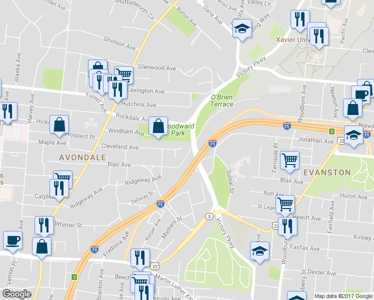 map of restaurants, bars, coffee shops, grocery stores, and more near 992 Cleveland Avenue in Cincinnati