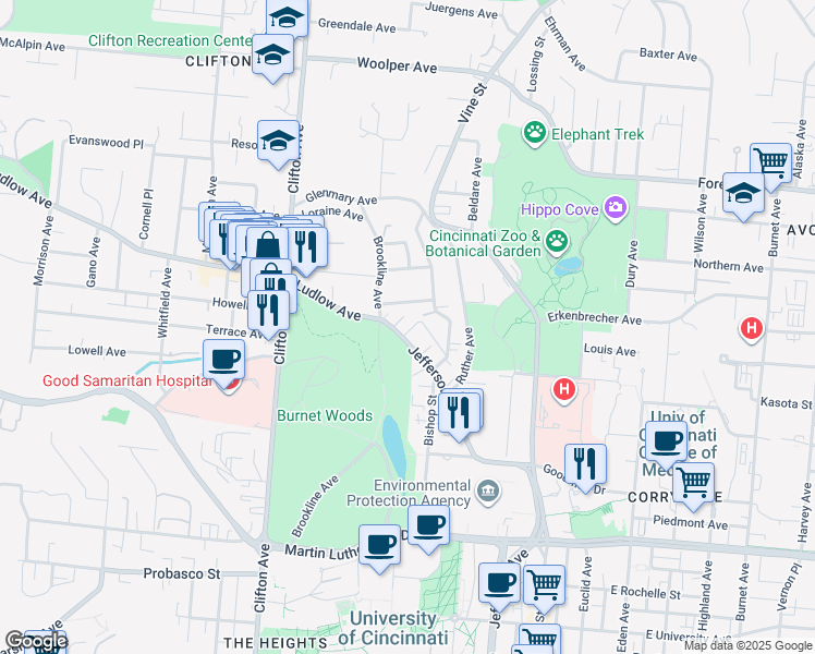 map of restaurants, bars, coffee shops, grocery stores, and more near 3406 Brookline Avenue in Cincinnati