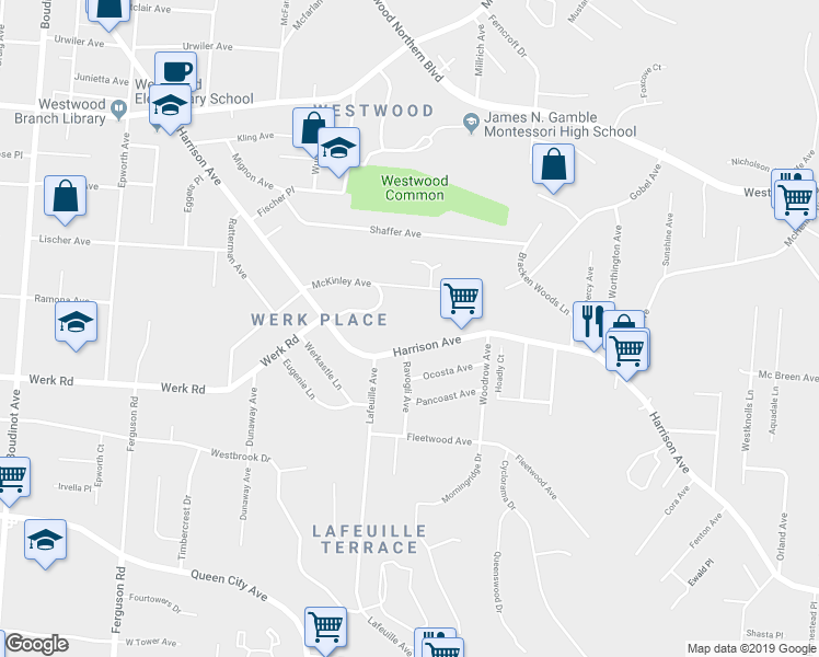 map of restaurants, bars, coffee shops, grocery stores, and more near 2705 McKinley Avenue in Cincinnati
