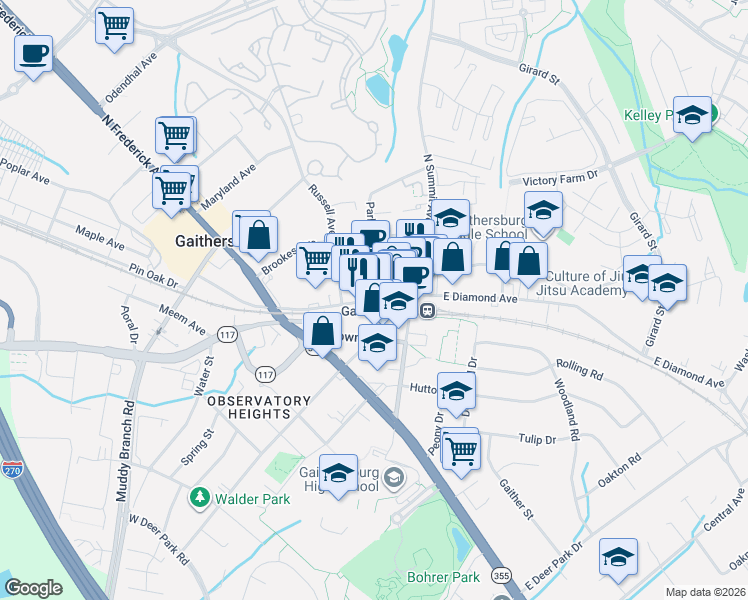 map of restaurants, bars, coffee shops, grocery stores, and more near 117 East Diamond Avenue in Gaithersburg
