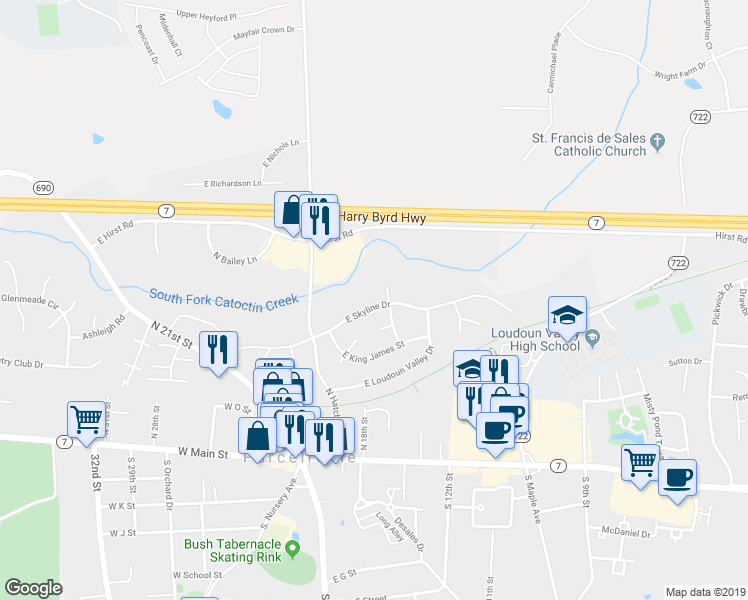 map of restaurants, bars, coffee shops, grocery stores, and more near 241 East Skyline Drive in Purcellville