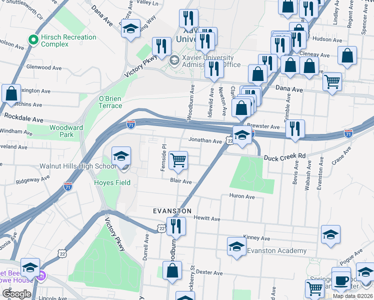 map of restaurants, bars, coffee shops, grocery stores, and more near 3475 Woodburn Avenue in Cincinnati