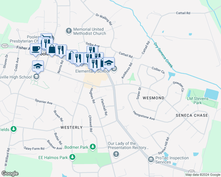 map of restaurants, bars, coffee shops, grocery stores, and more near 19578 Fisher Avenue in Poolesville