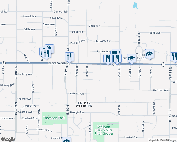 map of restaurants, bars, coffee shops, grocery stores, and more near 3021 North 57 Street in Kansas City