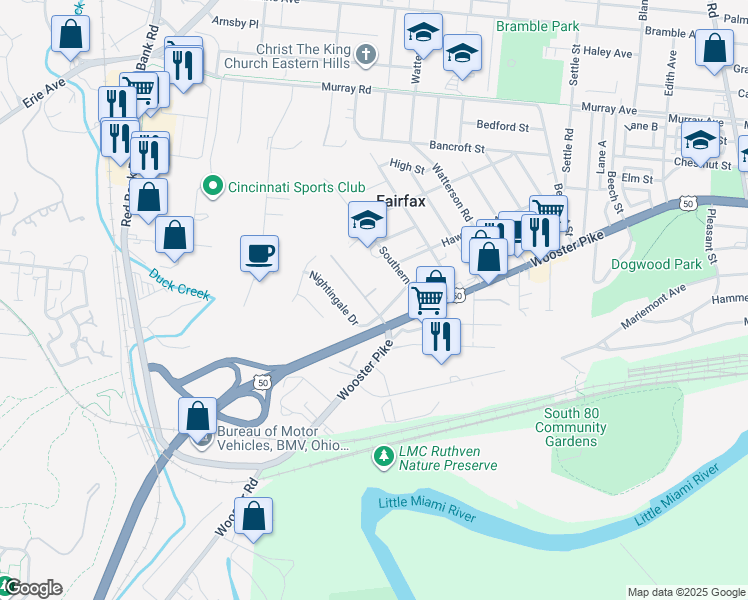 map of restaurants, bars, coffee shops, grocery stores, and more near 5765 Oriole Court in Cincinnati
