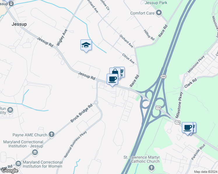 map of restaurants, bars, coffee shops, grocery stores, and more near 2851 Jessup Road in Jessup