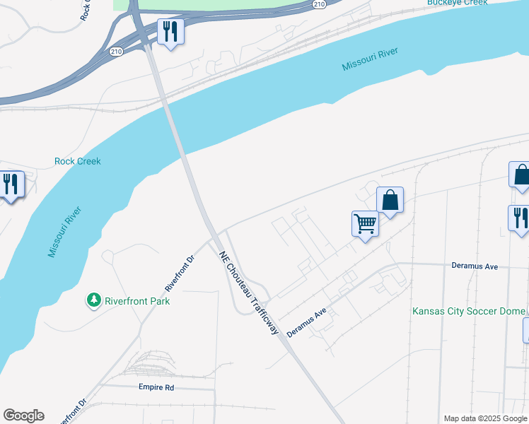 map of restaurants, bars, coffee shops, grocery stores, and more near Riverfront Drive in Kansas City