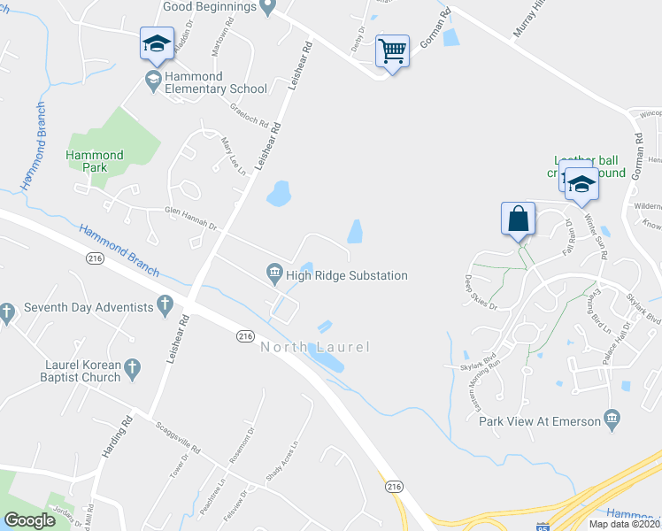 map of restaurants, bars, coffee shops, grocery stores, and more near 8321 Leishear Road in Laurel