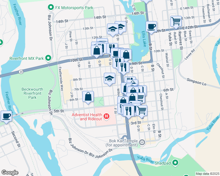 map of restaurants, bars, coffee shops, grocery stores, and more near 628 F Street in Marysville