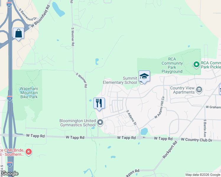 map of restaurants, bars, coffee shops, grocery stores, and more near 1900 South Weimer Road in Bloomington