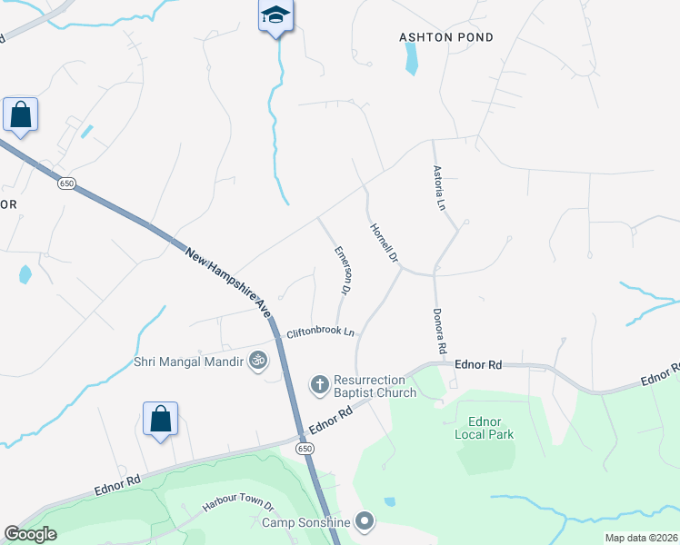 map of restaurants, bars, coffee shops, grocery stores, and more near 17214 Emerson Drive in Silver Spring