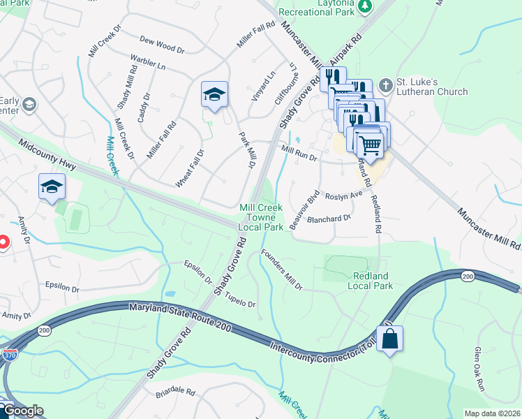 map of restaurants, bars, coffee shops, grocery stores, and more near 17401 Shady Grove Road in Derwood