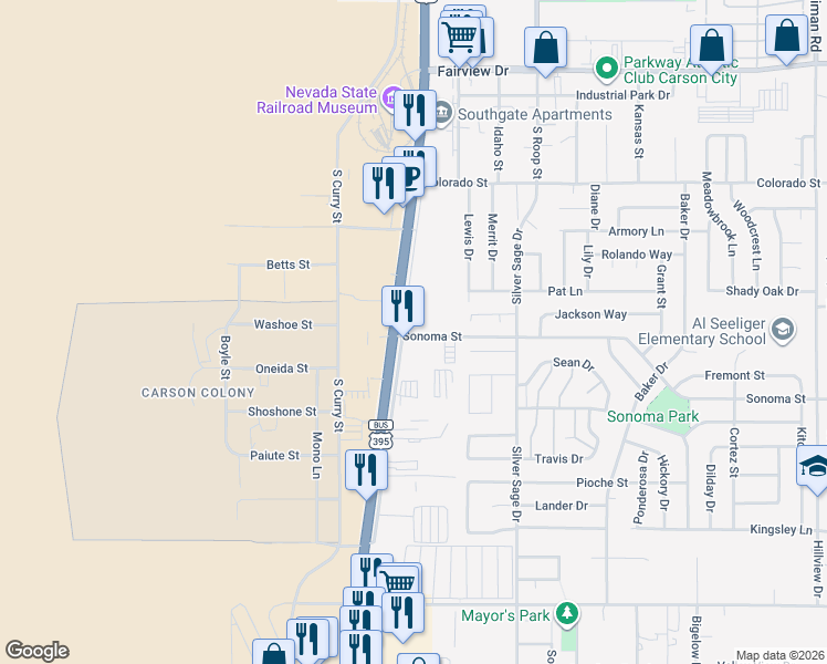 map of restaurants, bars, coffee shops, grocery stores, and more near 2749 South Carson Street in Carson City