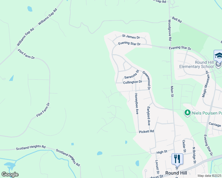 map of restaurants, bars, coffee shops, grocery stores, and more near 35474 Turtle Hill Drive in Round Hill