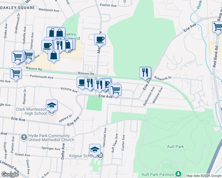 map of restaurants, bars, coffee shops, grocery stores, and more near 3640 Herschel Avenue in Cincinnati