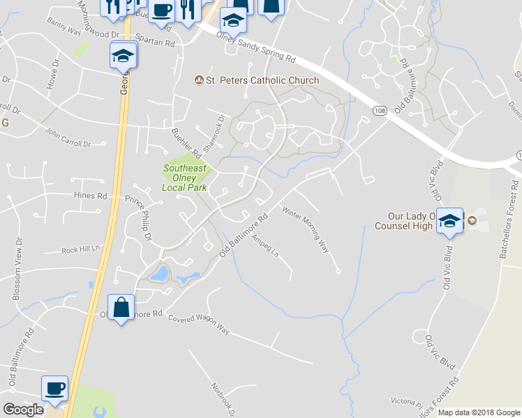 map of restaurants, bars, coffee shops, grocery stores, and more near 17309 Buehler Road in Olney