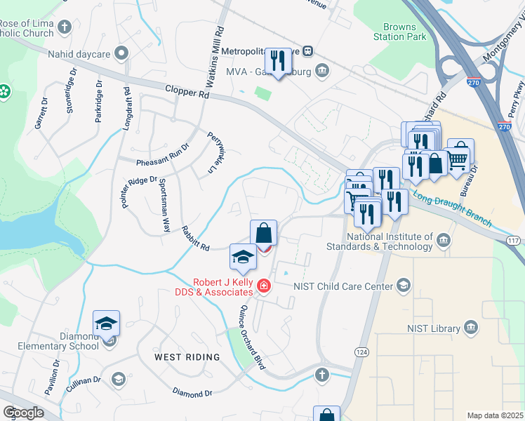 map of restaurants, bars, coffee shops, grocery stores, and more near 789 Quince Orchard Boulevard in Gaithersburg