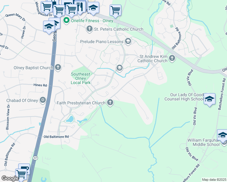 map of restaurants, bars, coffee shops, grocery stores, and more near 17309 Buehler Road in Olney