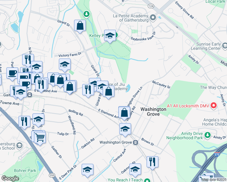 map of restaurants, bars, coffee shops, grocery stores, and more near 34 Michael Court in Gaithersburg