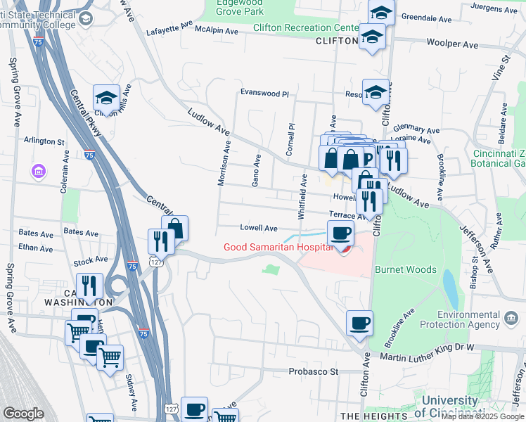 map of restaurants, bars, coffee shops, grocery stores, and more near 558 Terrace Avenue in Cincinnati