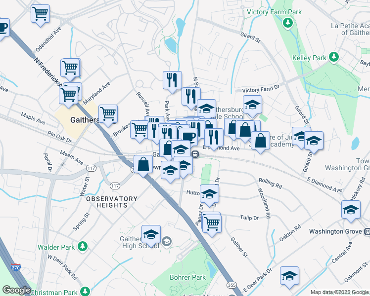 map of restaurants, bars, coffee shops, grocery stores, and more near 227 East Diamond Avenue in Gaithersburg