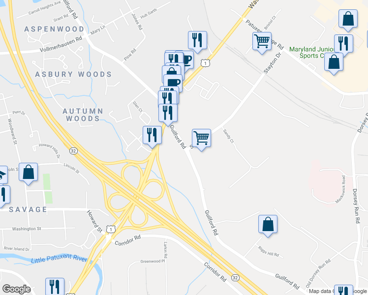 map of restaurants, bars, coffee shops, grocery stores, and more near 10390 Guilford Road in Jessup