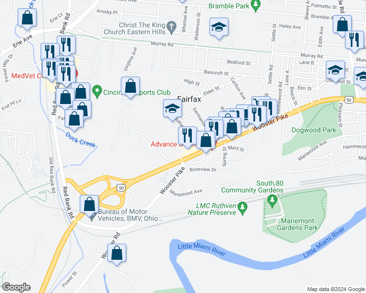 map of restaurants, bars, coffee shops, grocery stores, and more near 5765 Oriole Court in Cincinnati