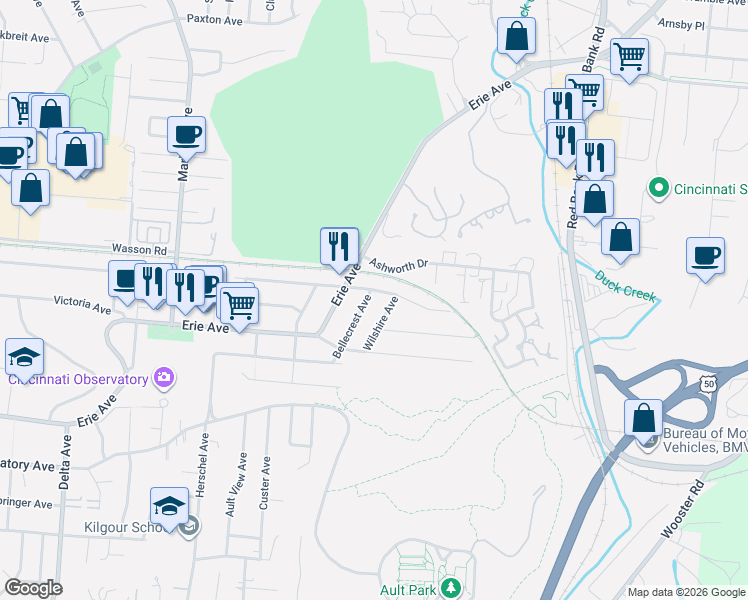 map of restaurants, bars, coffee shops, grocery stores, and more near 3651 Bellecrest Avenue in Cincinnati