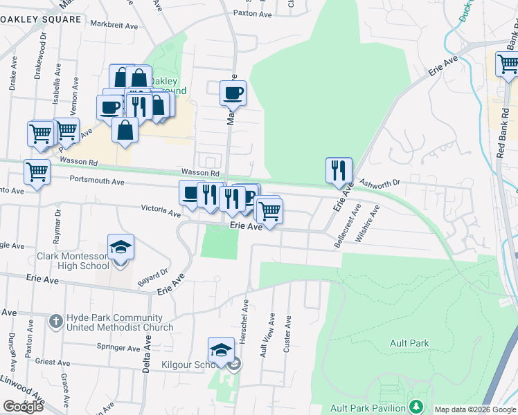 map of restaurants, bars, coffee shops, grocery stores, and more near 3640 Herschel Avenue in Cincinnati