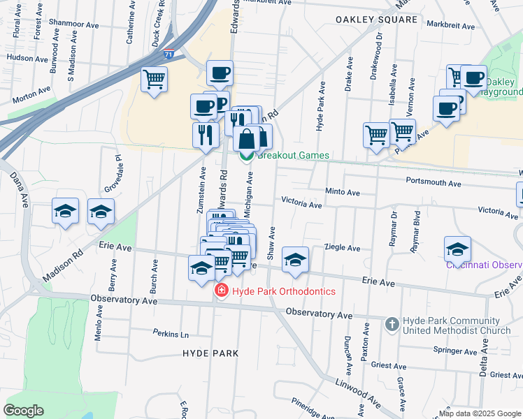 map of restaurants, bars, coffee shops, grocery stores, and more near 3602 Michigan Avenue in Cincinnati