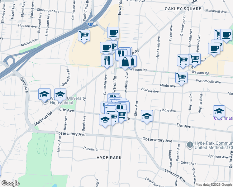 map of restaurants, bars, coffee shops, grocery stores, and more near 2710 Griffiths Avenue in Cincinnati