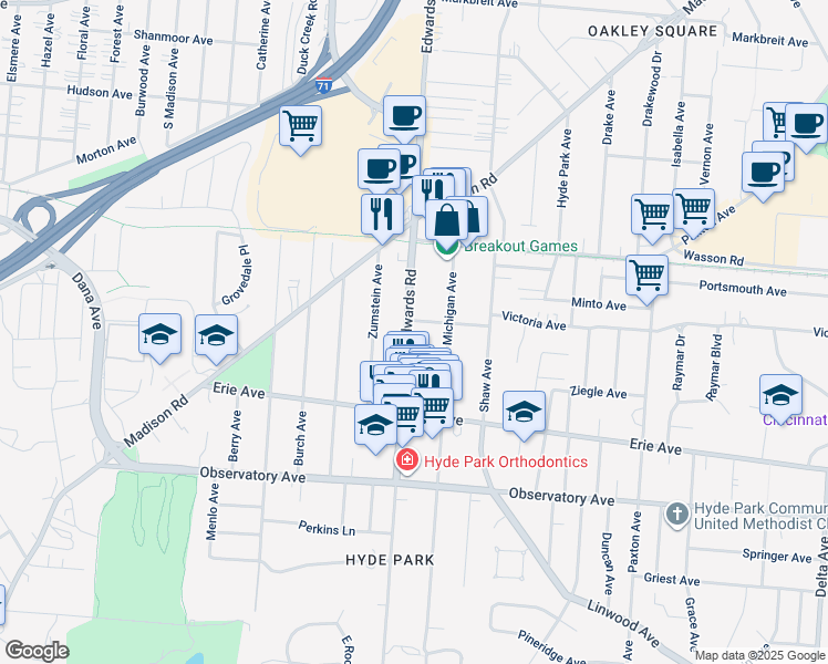 map of restaurants, bars, coffee shops, grocery stores, and more near 2710 Griffiths Avenue in Cincinnati