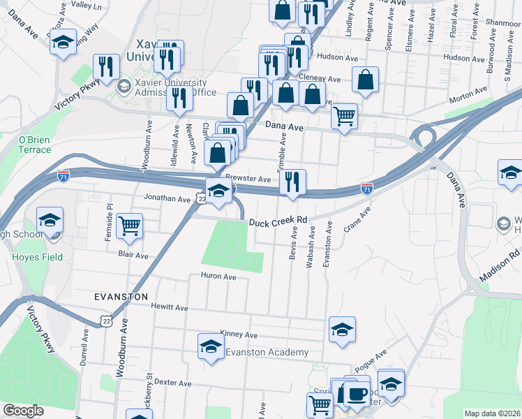map of restaurants, bars, coffee shops, grocery stores, and more near 3531 Hudson Avenue in Cincinnati