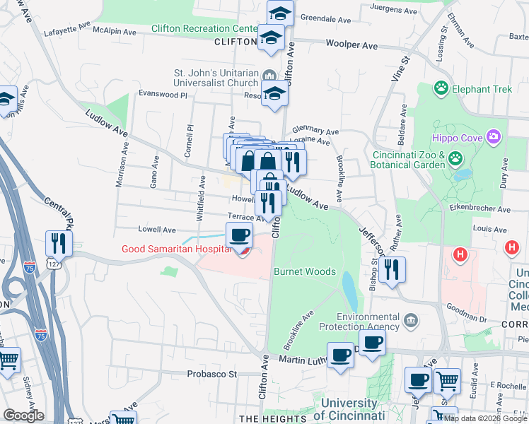 map of restaurants, bars, coffee shops, grocery stores, and more near 319 Howell Avenue in Cincinnati