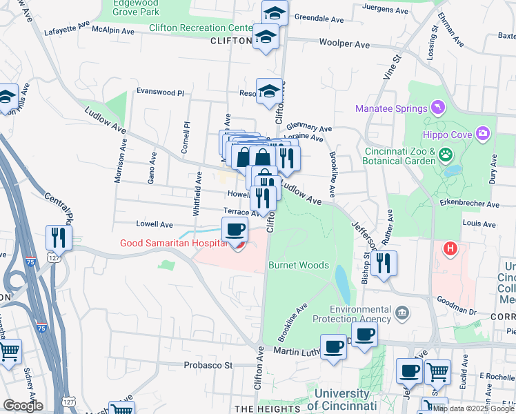 map of restaurants, bars, coffee shops, grocery stores, and more near 319 Howell Avenue in Cincinnati
