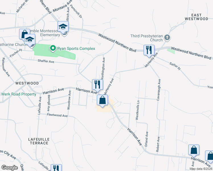 map of restaurants, bars, coffee shops, grocery stores, and more near 3040 Worthington Avenue in Cincinnati