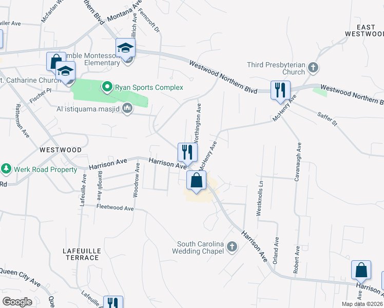 map of restaurants, bars, coffee shops, grocery stores, and more near 3033 Percy Avenue in Cincinnati
