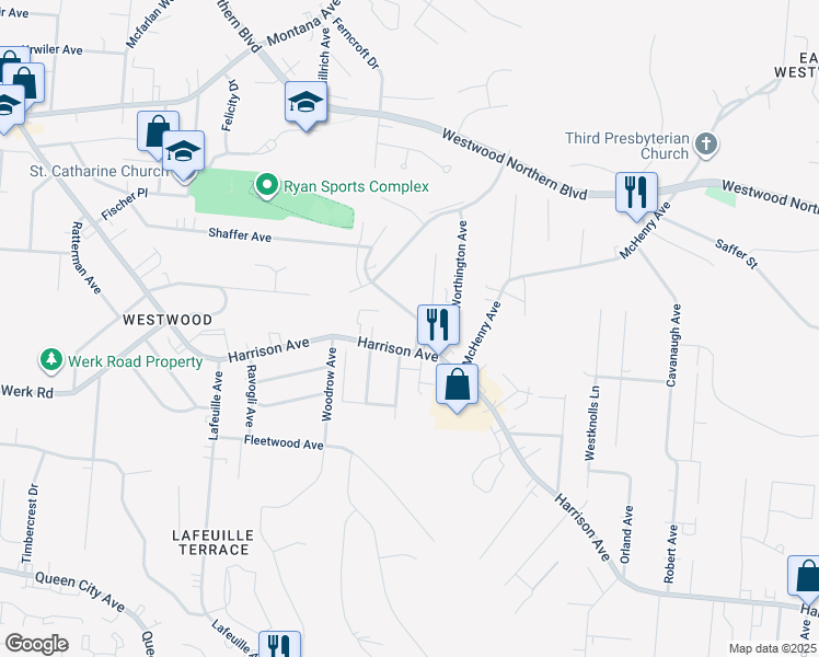 map of restaurants, bars, coffee shops, grocery stores, and more near 3051 Bracken Woods Lane in Cincinnati