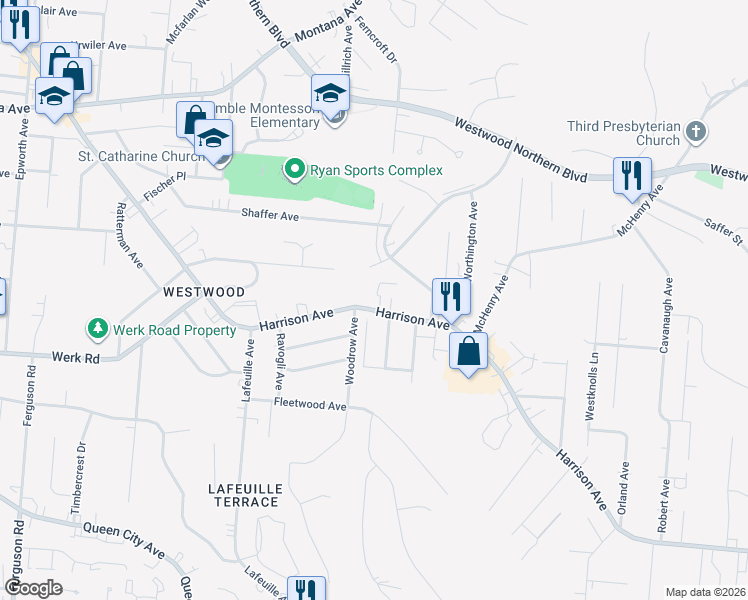 map of restaurants, bars, coffee shops, grocery stores, and more near 2570 Harrison Avenue in Cincinnati