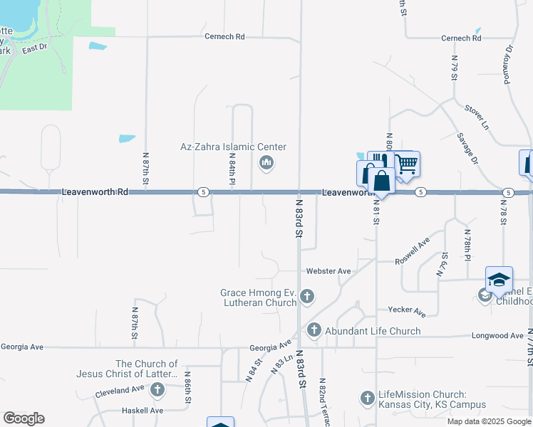 map of restaurants, bars, coffee shops, grocery stores, and more near 8343 Leavenworth Road in Kansas City