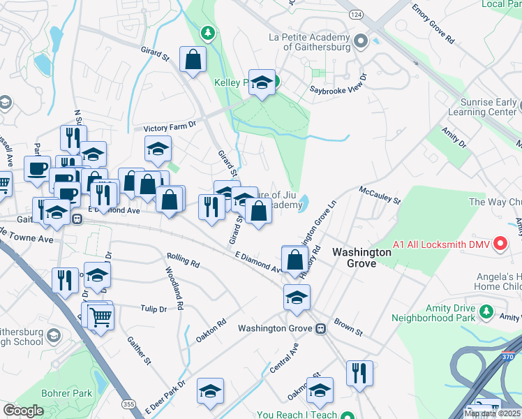 map of restaurants, bars, coffee shops, grocery stores, and more near 34 Michael Court in Gaithersburg