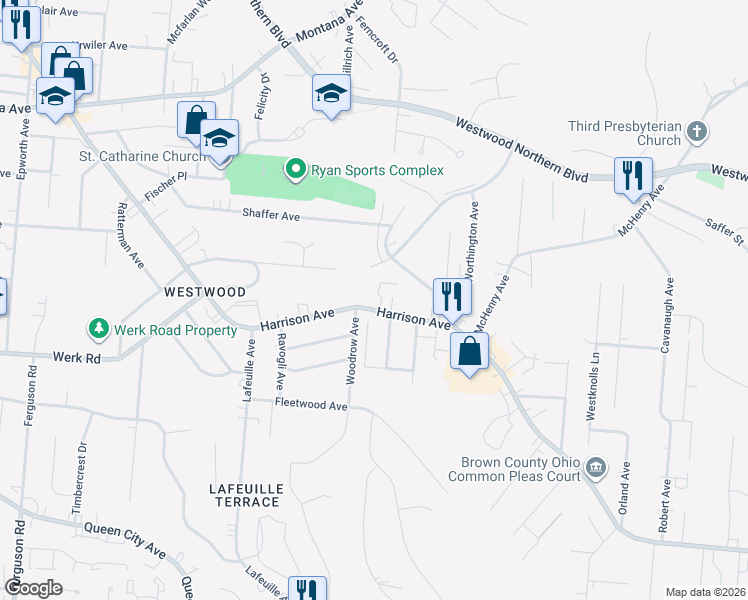 map of restaurants, bars, coffee shops, grocery stores, and more near 2570 Harrison Avenue in Cincinnati