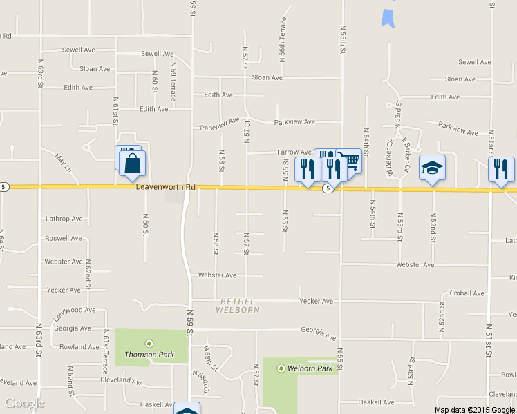 map of restaurants, bars, coffee shops, grocery stores, and more near 3021 North 57 Street in Kansas City