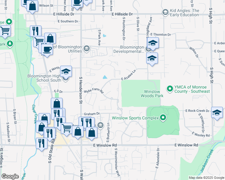 map of restaurants, bars, coffee shops, grocery stores, and more near 2120 South White Tail Run in Bloomington