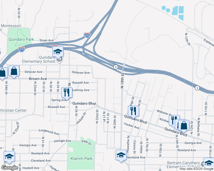 map of restaurants, bars, coffee shops, grocery stores, and more near 3090 North 20th Street in Kansas City