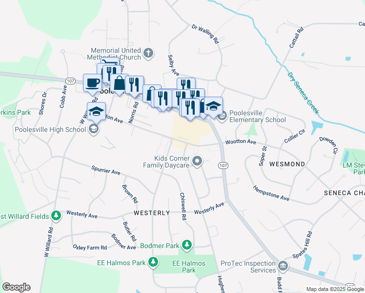map of restaurants, bars, coffee shops, grocery stores, and more near 19672 Wootton Avenue in Poolesville